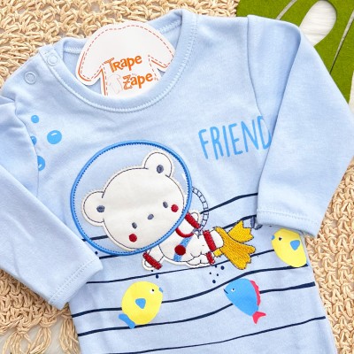 Kit 3 Peças - Bodys Manga Longa Ursinhos Friends - Off White, Marinho e Azul Bebê